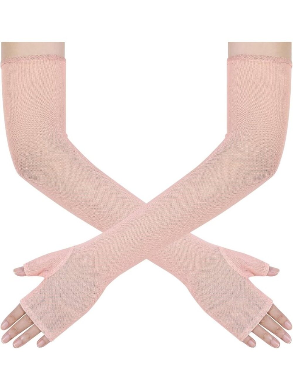 Women's Blush Elbow Length Tulle Mesh Long Fingerless Opera Party Sheer Gloves